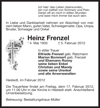 Todesanzeige von Heinz Frenzel von ALLGEMEINE ZEITUNG UELZEN