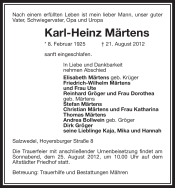 Todesanzeige von Karl-Heinz Märtens von ALLGEMEINE ZEITUNG UELZEN