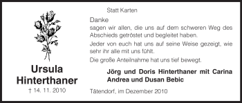 Todesanzeige von Ursula Hinterthaner von ALLGEMEINE ZEITUNG UELZEN