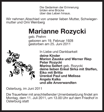 Todesanzeige von Marianne Rozycki von ALLGEMEINE ZEITUNG UELZEN
