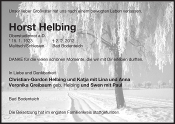 Todesanzeige von Horst Helbing von ALLGEMEINE ZEITUNG UELZEN
