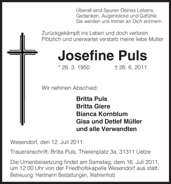 Todesanzeige von Josefine Puls von ALLGEMEINE ZEITUNG UELZEN
