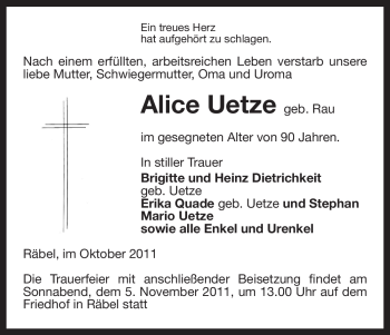 Todesanzeige von Alice Uetze von ALLGEMEINE ZEITUNG UELZEN
