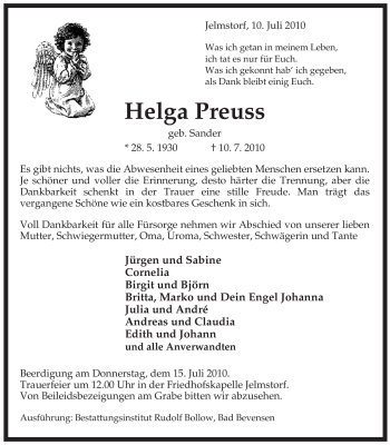 Todesanzeige von Helga Preuss von ALLGEMEINE ZEITUNG UELZEN