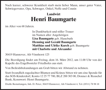 Todesanzeige von Henri Baumgarte von ALLGEMEINE ZEITUNG UELZEN