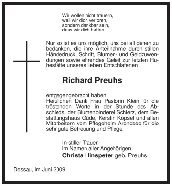 Todesanzeige von Richard Preuhs von ALLGEMEINE ZEITUNG UELZEN