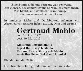 Todesanzeige von Gertraud Mahlo von Uelzen