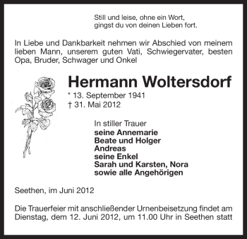 Todesanzeige von Hermann Woltersdorf von ALLGEMEINE ZEITUNG UELZEN