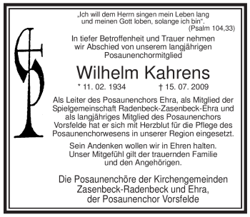 Todesanzeige von Wilhelm Kahrens von ALLGEMEINE ZEITUNG UELZEN