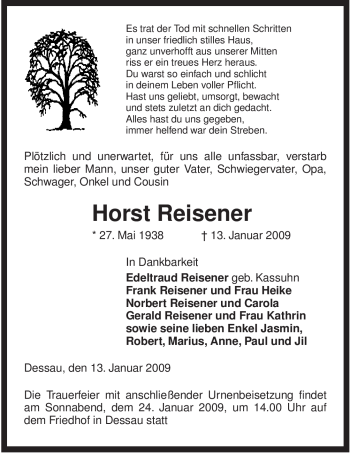 Todesanzeige von Horst Reisener von ALLGEMEINE ZEITUNG UELZEN