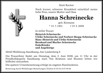 Todesanzeige von Hanna Schreinecke von ALLGEMEINE ZEITUNG UELZEN