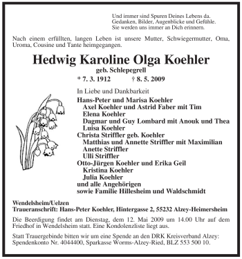 Todesanzeige von Hedwig Karoline Olga Koehler von ALLGEMEINE ZEITUNG UELZEN