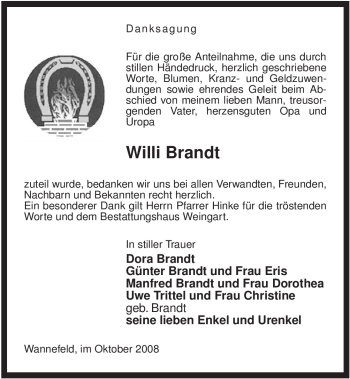 Todesanzeige von Willi Brandt von ALLGEMEINE ZEITUNG UELZEN