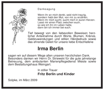 Todesanzeige von Irma Berlin von ALLGEMEINE ZEITUNG UELZEN