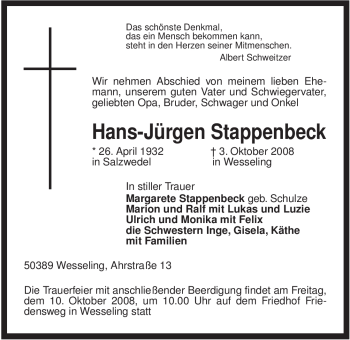 Todesanzeige von Hans-Jürgen Stappenbeck von ALLGEMEINE ZEITUNG UELZEN