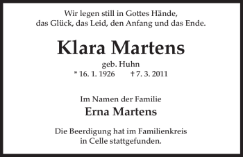 Todesanzeige von Klara Martens von ALLGEMEINE ZEITUNG UELZEN