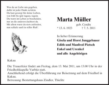 Todesanzeige von Marta Müller von ALLGEMEINE ZEITUNG UELZEN
