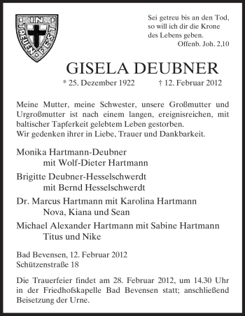 Todesanzeige von Gisela Deubner von ALLGEMEINE ZEITUNG UELZEN