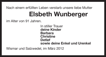 Todesanzeige von Elsbeth Wunberger von ALLGEMEINE ZEITUNG UELZEN