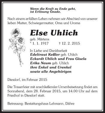 Todesanzeige von Else Uhlich von Uelzen