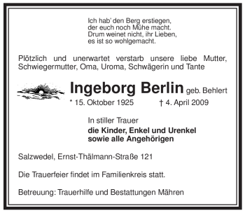 Todesanzeige von Ingeborg Berlin von ALLGEMEINE ZEITUNG UELZEN