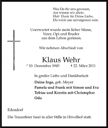 Todesanzeige von Klaus Wehr von ALLGEMEINE ZEITUNG UELZEN