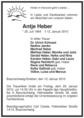 Todesanzeige von Antje Heber von ALLGEMEINE ZEITUNG UELZEN
