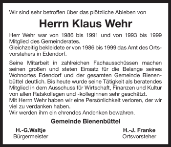Todesanzeige von Klaus Wehr von ALLGEMEINE ZEITUNG UELZEN