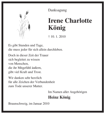 Todesanzeige von Irene Charlotte König von ALLGEMEINE ZEITUNG UELZEN