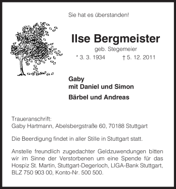 Todesanzeige von Ilse Bergmeister von ALLGEMEINE ZEITUNG UELZEN