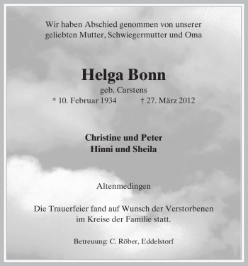 Todesanzeige von Helga Bonn von ALLGEMEINE ZEITUNG UELZEN