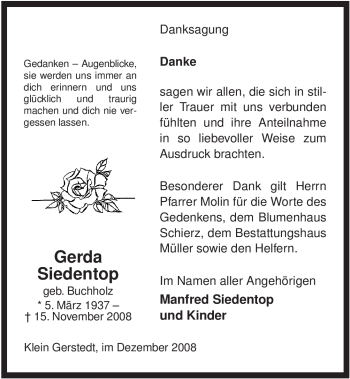 Todesanzeige von Gerda Siedentop von ALLGEMEINE ZEITUNG UELZEN