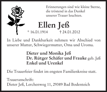 Todesanzeige von Ellen Jeß von ALLGEMEINE ZEITUNG UELZEN