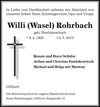 Todesanzeige von Willi Wasel Rohrbach von Uelzen