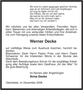 Todesanzeige von Werner Decke von ALLGEMEINE ZEITUNG UELZEN