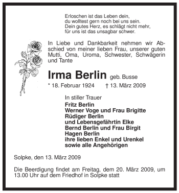 Todesanzeige von Irma Berlin von ALLGEMEINE ZEITUNG UELZEN
