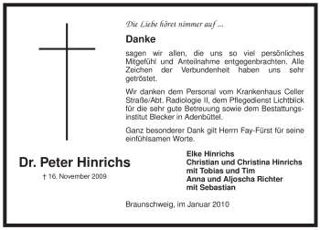 Todesanzeige von Peter Hinrichs von ALLGEMEINE ZEITUNG UELZEN