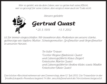 Todesanzeige von Gertrud Quast von ALLGEMEINE ZEITUNG UELZEN