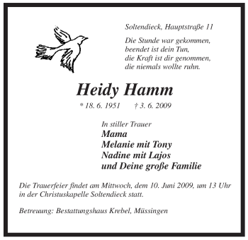 Todesanzeige von Heidy Hamm von ALLGEMEINE ZEITUNG UELZEN