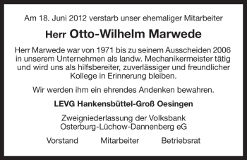Todesanzeige von Otto-Wilhelm Marwede von ALLGEMEINE ZEITUNG UELZEN