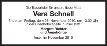 Todesanzeige von Vera Schnell von ALLGEMEINE ZEITUNG UELZEN