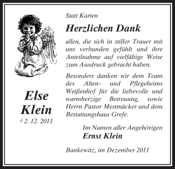 Todesanzeige von Else Klein, von ALLGEMEINE ZEITUNG UELZEN