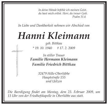 Todesanzeige von Hanni Kleimann von ALLGEMEINE ZEITUNG UELZEN