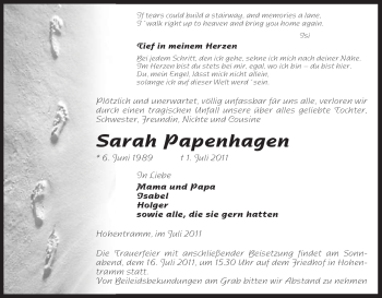 Todesanzeige von Sarah Papenhagen von ALLGEMEINE ZEITUNG UELZEN