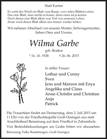 Todesanzeige von Wilma Garbe von Uelzen
