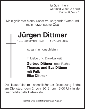 Todesanzeige von Jürgen Dittmer von Uelzen