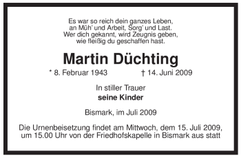 Todesanzeige von Martin Düchting von ALLGEMEINE ZEITUNG UELZEN