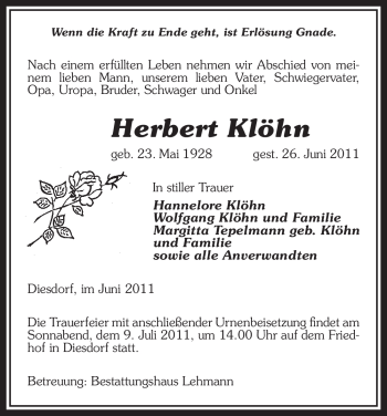 Todesanzeige von Herbert Klöhn von ALLGEMEINE ZEITUNG UELZEN
