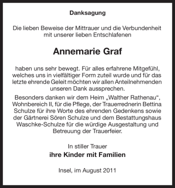 Todesanzeige von Annemarie Graf von ALLGEMEINE ZEITUNG UELZEN