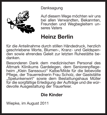 Todesanzeige von Heinz Berlin von ALLGEMEINE ZEITUNG UELZEN